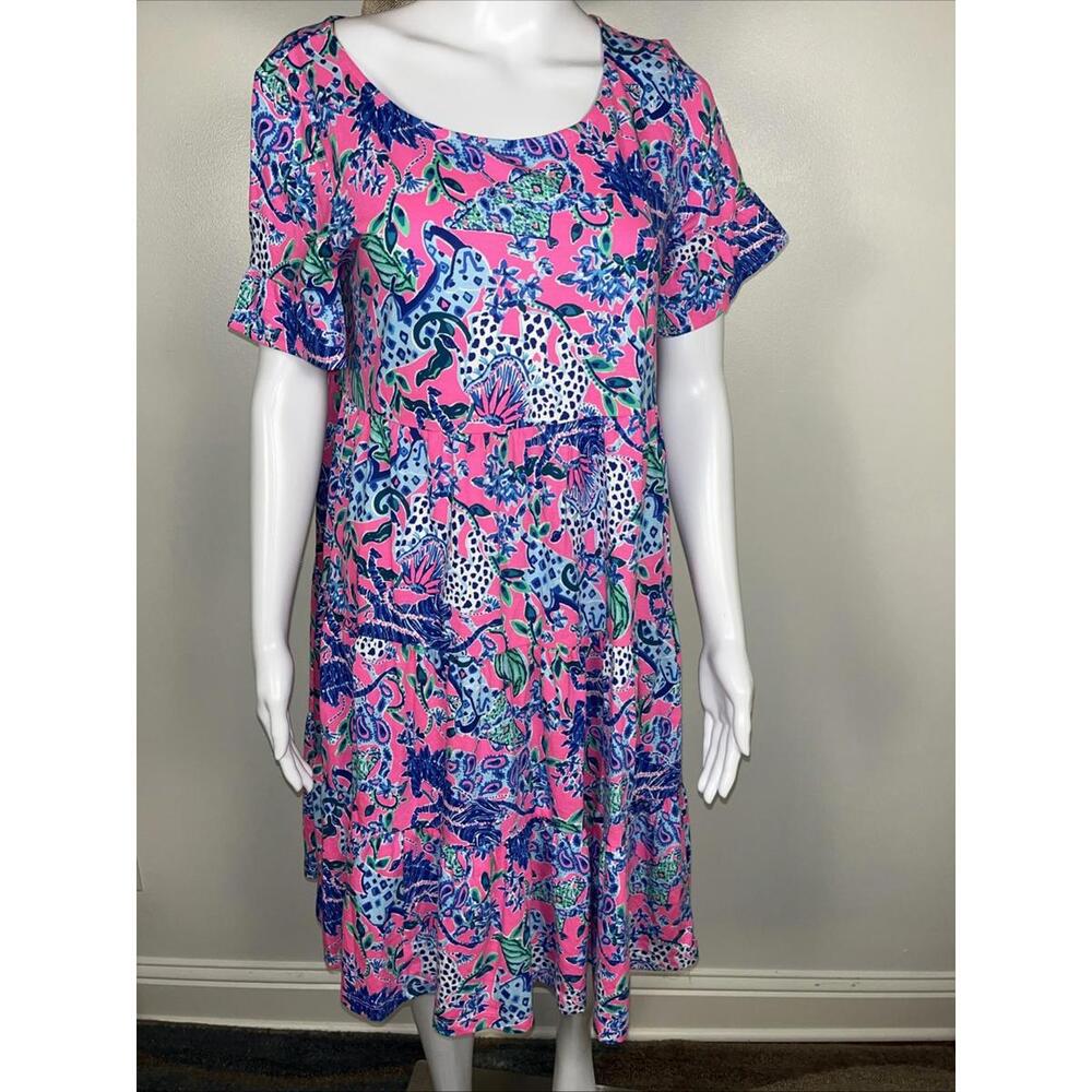 Lilly Pulitzer Women’s Pink Untamed Hearts  Jose Dress Swing Tiered Size Medium